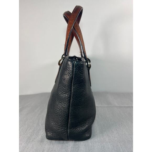 Fossil Leather Tote Bag, Black pebbled leather with brown handles. - Picture 2 of 12